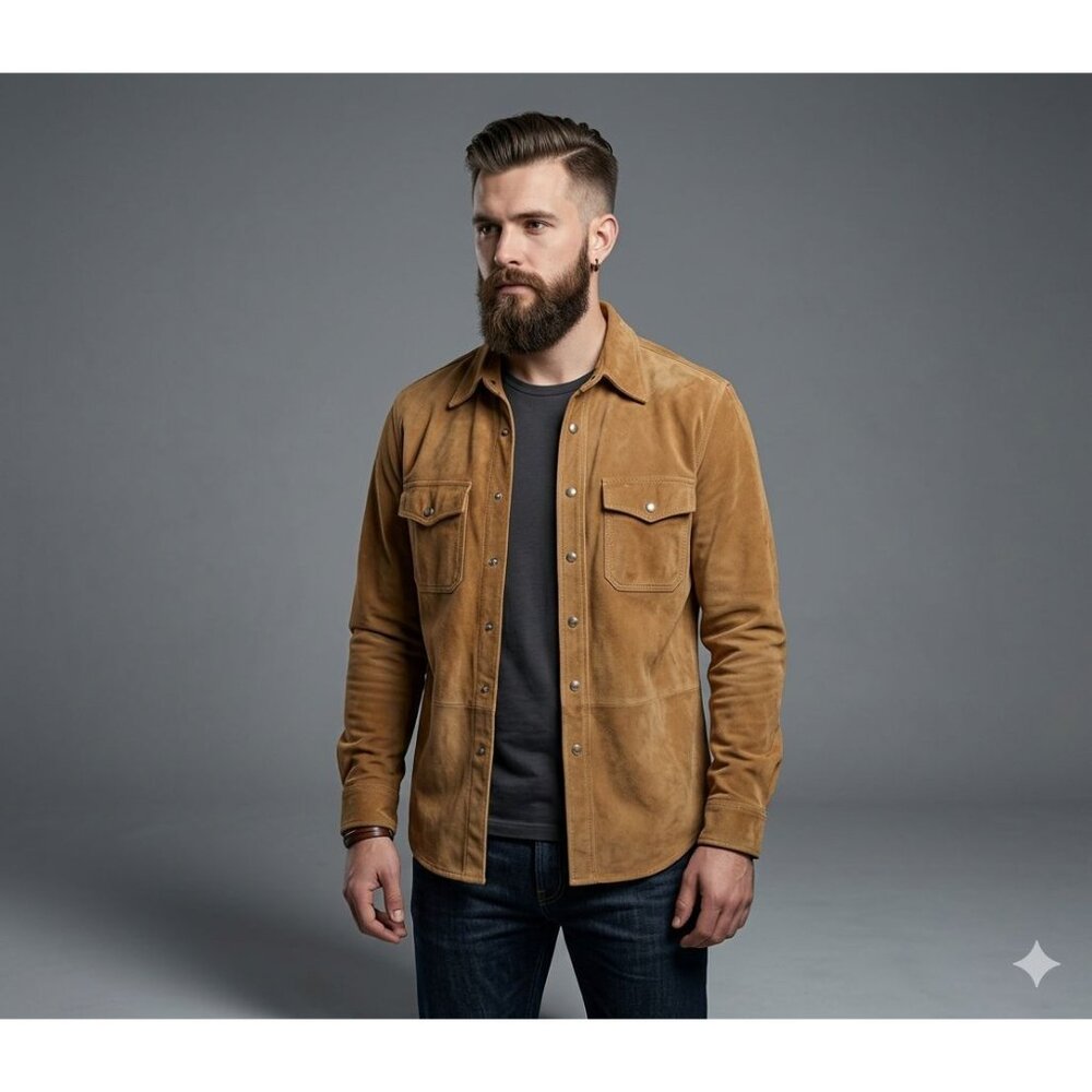 Bullock & Jones Mens Medium Suede Button-Up Shirt In Tan With Double Flap Pocket